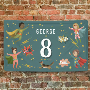 Jongens Cool Blue Actie Superheld Kids Verjaardag Spandoek