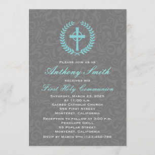 Jongen's Damask First Comunion Invitation with Cro Kaart