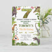 Jongens Dinosaur 7e Verjaardag Party Uitnodiging (Staand voorkant)