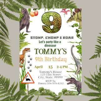 Jongens Dinosaur 9e Verjaardag Party Uitnodiging