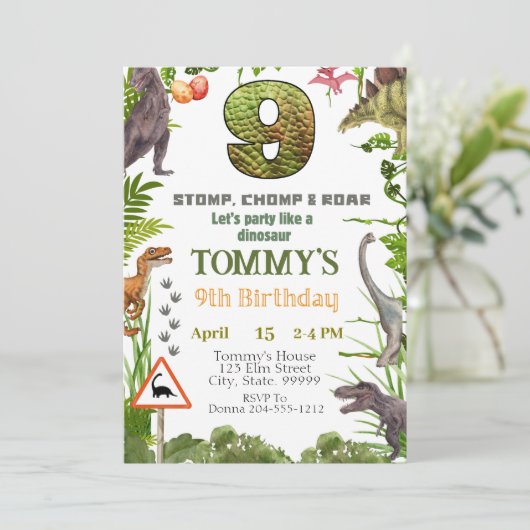 Jongens Dinosaur 9e Verjaardag Party Uitnodiging (Staand voorkant)