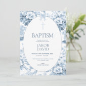 Jongens Doop Uitnodiging Blauw Bloementoilet (Staand voorkant)