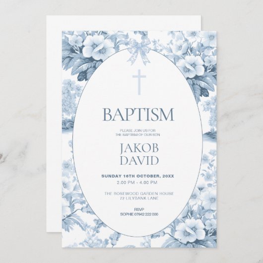 Jongens Doop Uitnodiging Blauw Bloementoilet (Voorkant / Achterkant)
