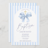 Jongens Doop Uitnodiging, Modern Blue Bow & Stripe Kaart (Voorkant / Achterkant)