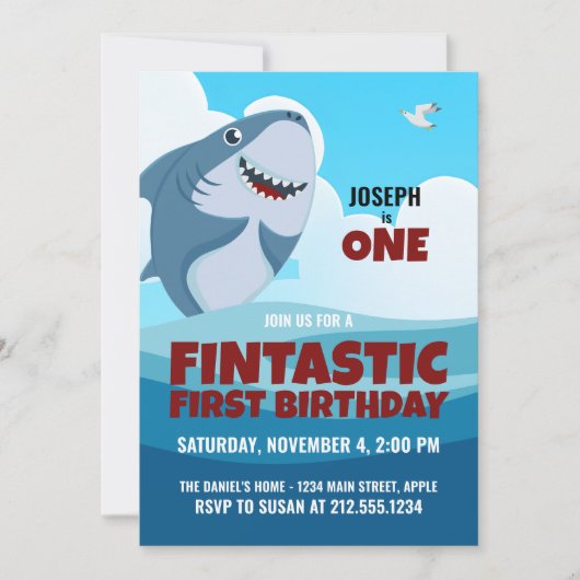 Jongen's Fintastic Eerste Verjaardag Haai Uitnodig Kaart (Voorkant)