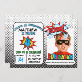 Jongens Foto Superheld 4e verjaardag Uitnodiging (Voorkant / Achterkant)