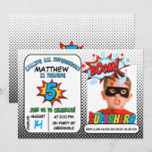 Jongens Foto Superheld 5e verjaardag Uitnodiging (Voorkant / Achterkant)