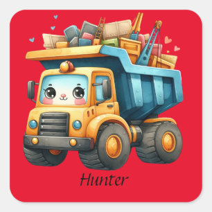 Jongens Gepersonaliseerde naam Dump Truck Vierkante Sticker
