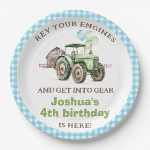 Jongens Groene Blauwe Ballonnen Tractor Verjaardag Papieren Bordje