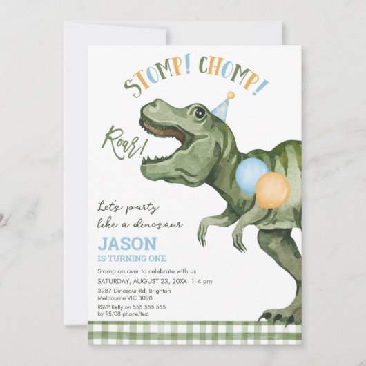Jongens Groene Stomp Chomp Roar Dinosaurus 1e verj Kaart (Voorkant)