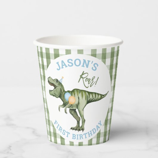 Jongens Groene Stomp Chomp Roar Dinosaurus 1e verj Papieren Bekers (Voorkant)