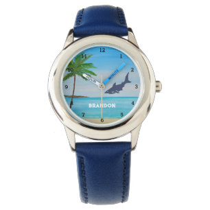 Jongens Haai Oceaan Vis Schattige Tropisch Blauw K Horloge