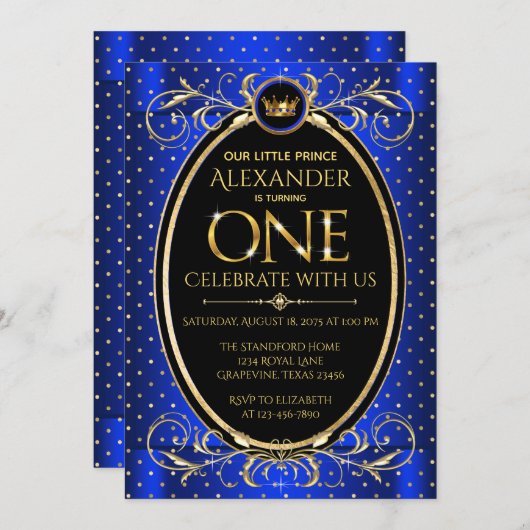 Jongens Koninklijk Blauw Goud Prins Eerste Verjaar Kaart (Voorkant / Achterkant)
