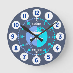 Jongens leren tijd te vertellen blauw grijs benoem ronde klok