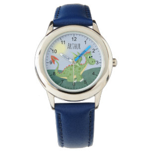 Jongens Leuke Groene Dragon Cartoon met Naam Kinde Horloge