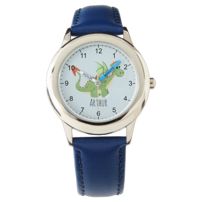 Jongens Leuke Groene Dragon Cartoon & Naam Kinder Horloge (Voorkant)