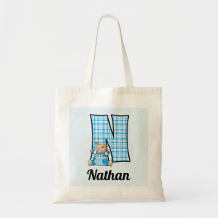 Jongen's Monogram N met een Blauwe Teddy Bear Tote Bag