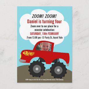 Jongens Monster Truck Foto Verjaardag Uitnodiging
