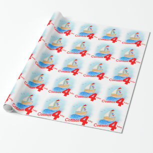 Jongens naam geschilderd zeilschip leeftijd 4 jaar cadeaupapier