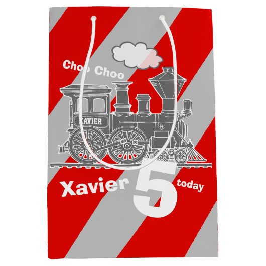 Jongens naam leeftijd trein loco grijs 5e verjaard medium cadeauzakje (Voorkant)