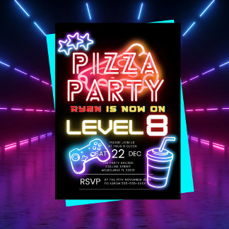 Jongens Neon Pizza Party Verjaardag Uitnodiging