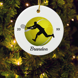 Jongens of Mannen Tennisspeler Bal Naam & Jaar Keramisch Ornament