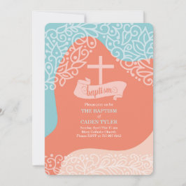 Jongens Oranje en blauw met Cross Baptism Invitati Kaart
