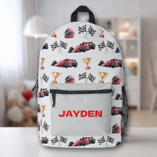Jongens Racing Auto Patroon Gepersonaliseerde Naam Bedrukte Rugzak