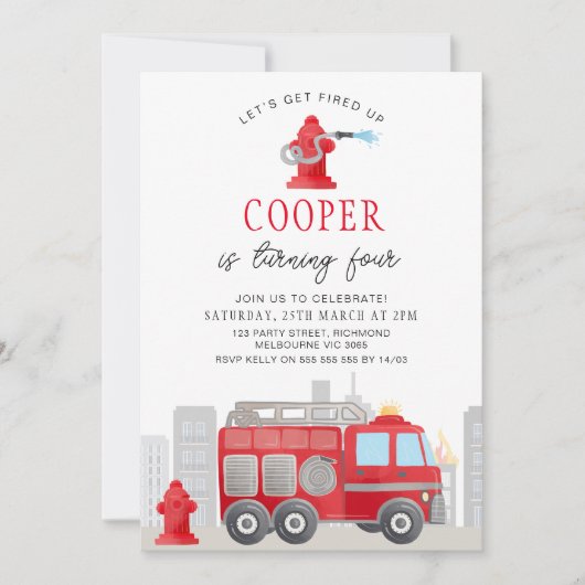 Jongens Red Let's Get Fired Up Fire Engine Verjaar Kaart (Voorkant)