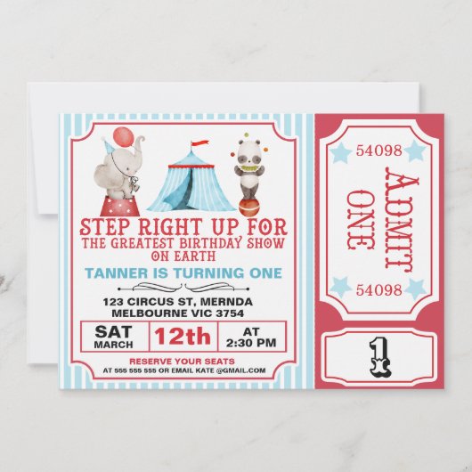 Jongens Rood Blauw Grootste Show Circus Ticket Ver Kaart (Voorkant)