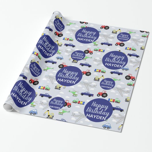 Jongens Schattige Happy Birthday Car Pattern Kinde Cadeaupapier (Uitgerold)