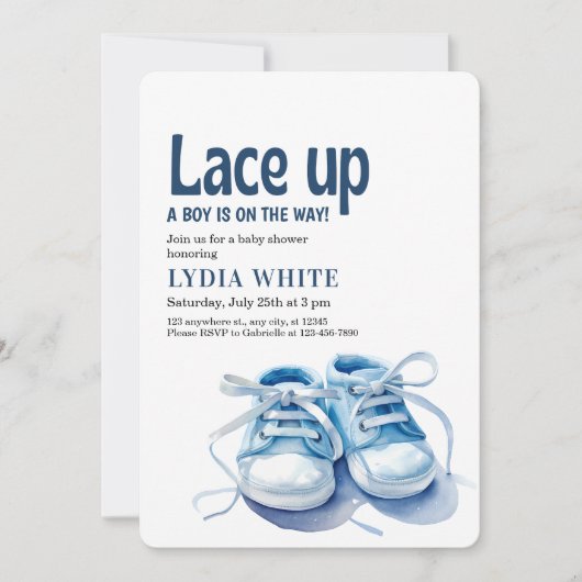 Jongens-sneakers baby shower, veters baby shower kaart (Voorkant)