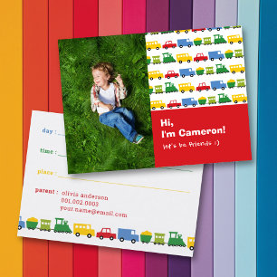Jongens Speelgoed Kleurrijk Vervoer Kinderen Foto Contactkaartje