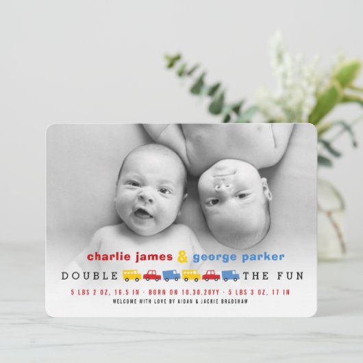 Jongens Speelgoed Kleurrijk Vervoer Tweeling Jonge Aankondiging (Staand voorkant)