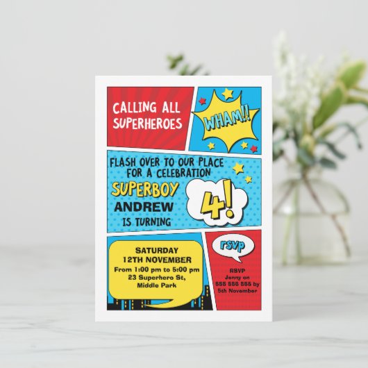 Jongens Superheld 4e verjaardag Uitnodiging (Staand voorkant)