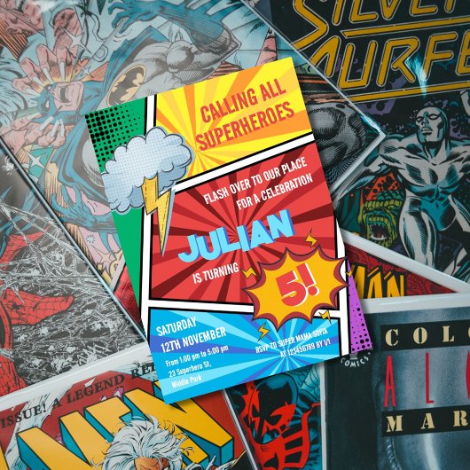 Jongens superheld draaien 5e stripverjaardag kaart