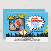 Jongens Superheld Foto 1e verjaardag Uitnodiging (Voorkant / Achterkant)