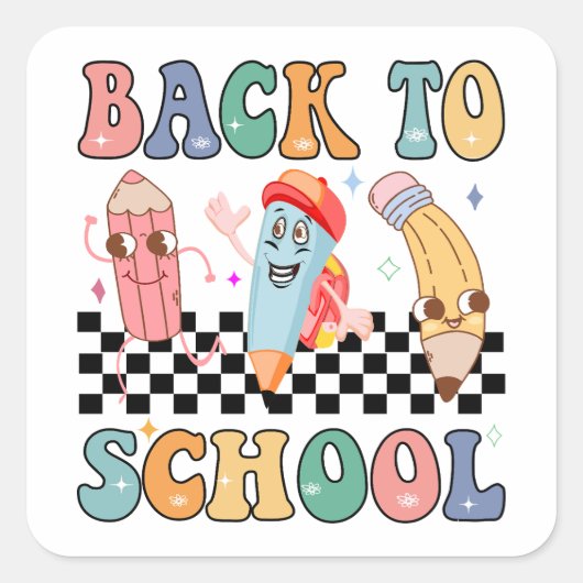 Jongens Terug naar School Potloden Retro Karakter Vierkante Sticker (Voorkant)
