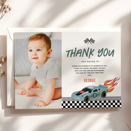 Jongens twee snelle foto raceauto 2e verjaardag bedankkaart