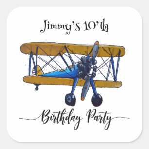 Jongens verjaardagsfeestje met blauwe en gele twee vierkante sticker