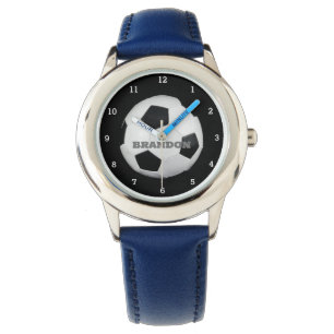 Jongens Voetbal Zwart Stijlvolle Custom Name Kinde Horloge