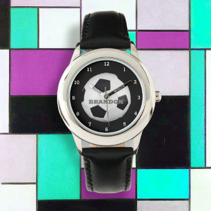 Jongens Voetbal Zwart Stijlvolle Custom Name Kinde Horloge