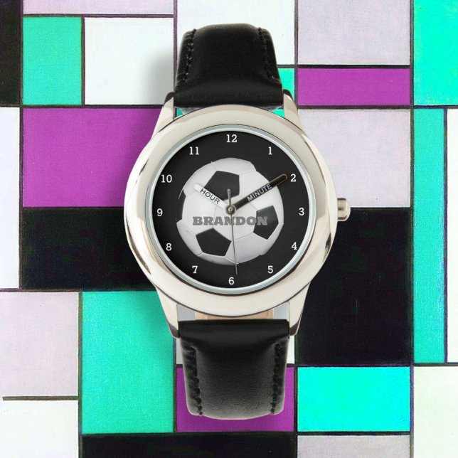 Jongens Voetbal Zwart Stijlvolle Custom Name Kinde Horloge (Creator heeft geüpload)