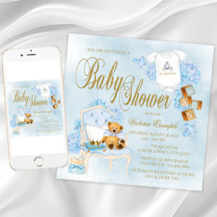 Jongens Waterverf Blauw Goud Baby Shower Uitnodigi Kaart