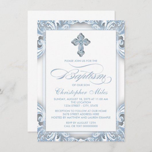 Jongens Zilver Blauw Doopsel Kaart (Voorkant / Achterkant)