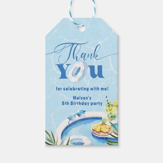 Jongens zwembad verjaardagsfeestje blauw zwemmen D Cadeaulabel (Voorkant)