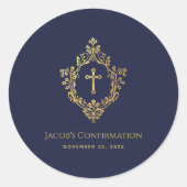 Jongensbevestiging Navy Blue  Faux Gold Crest Ronde Sticker (Voorkant)