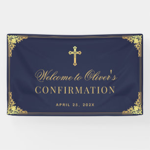 Jongensbevestiging Navy Blue  Faux Gold Cross Spandoek