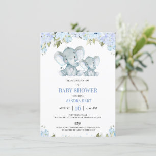 Jongensblauw Bloemenolifant en kalf Baby shower Kaart