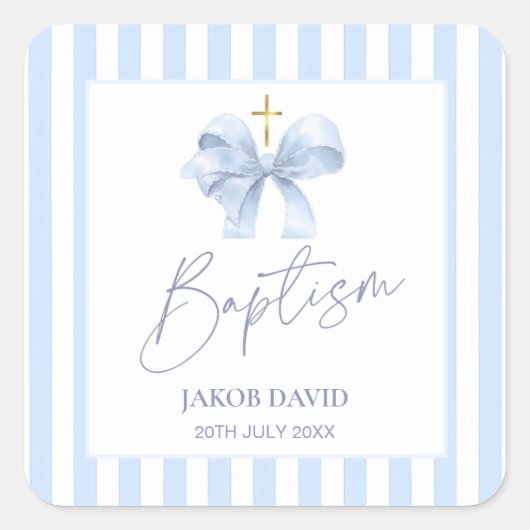 Jongensblauw gestreepte doop gunst Sticker met boo (Voorkant)